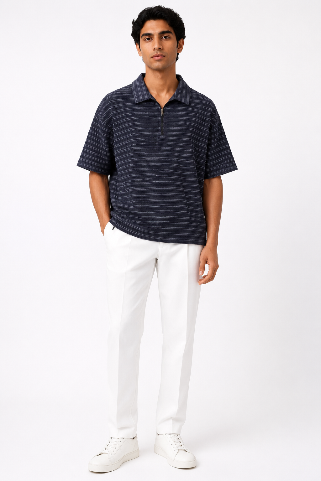 Ripple Texture Zip Polo - Charcoal
