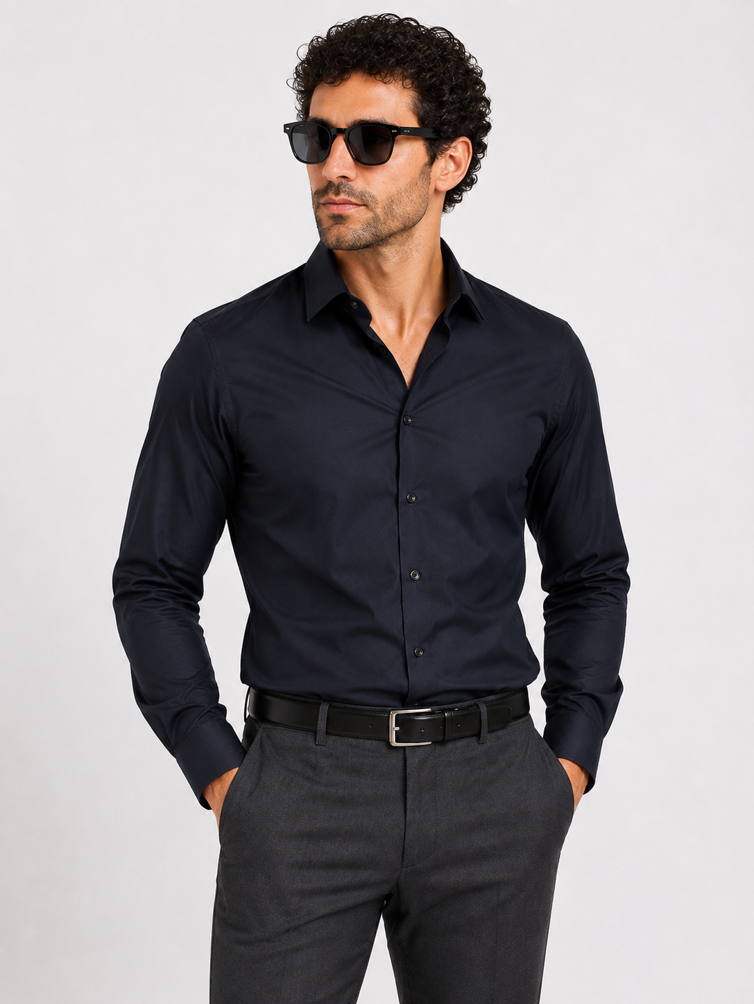 Midnight Satin Stretch Shirt-Navy
